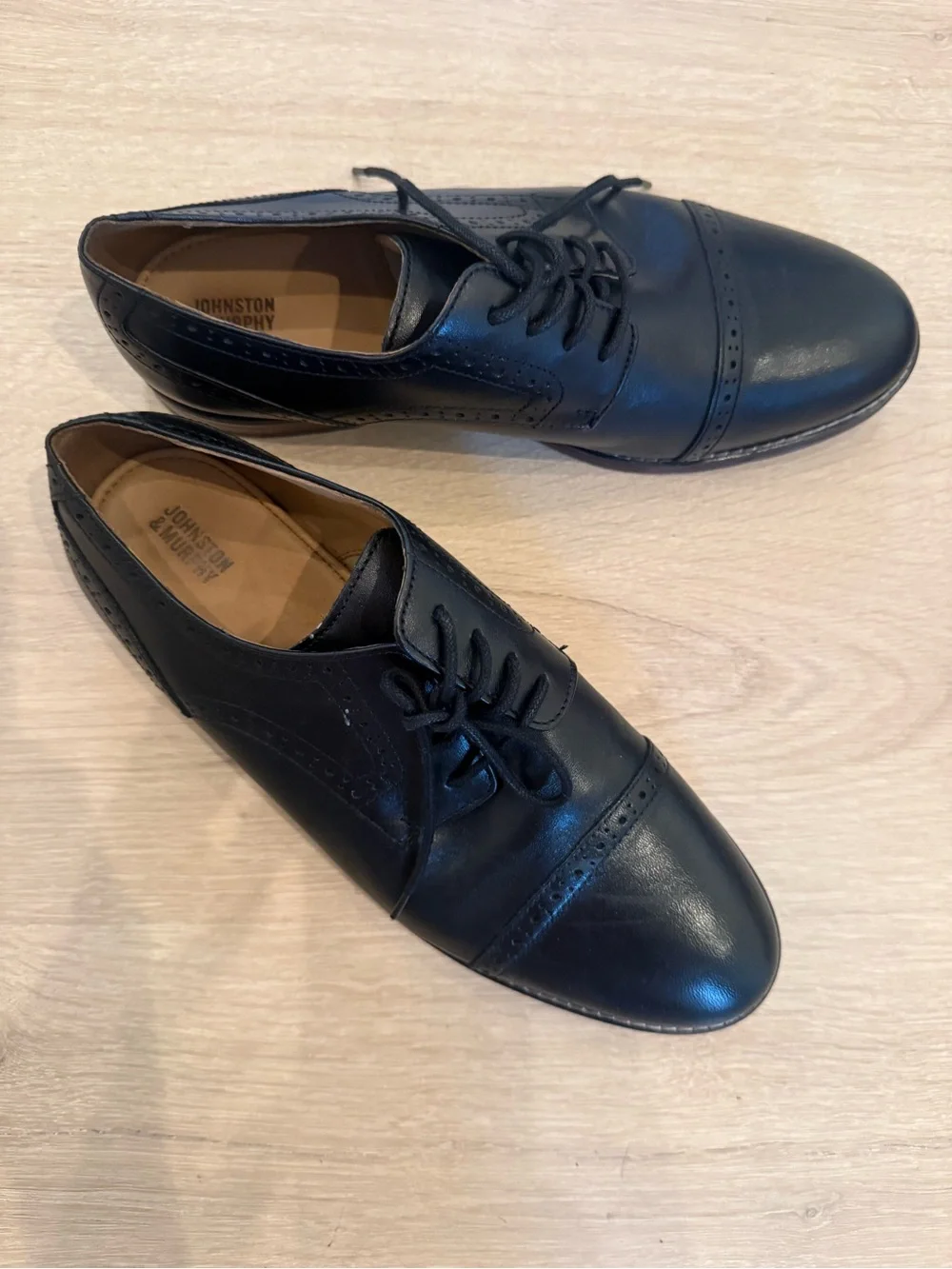 Johnston & Murphy black leather cap toe oxfords
